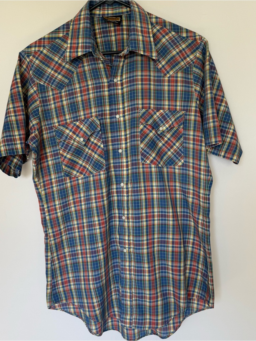 Men's Holt 1970sVintage Western Snap Short-Sleeve Plaid Shirt Blue Red Green